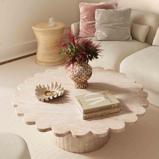Blossom 36" Washed Faux Travertine Finish Indoor/Outdoor Round Coffee Table — detail view 2 | Stacy Nicole Home