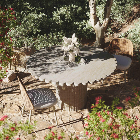 Blossom 54" Washed Faux Travertine Finish Indoor/Outdoor Round Dining Table — detail view 2 | Stacy Nicole Home