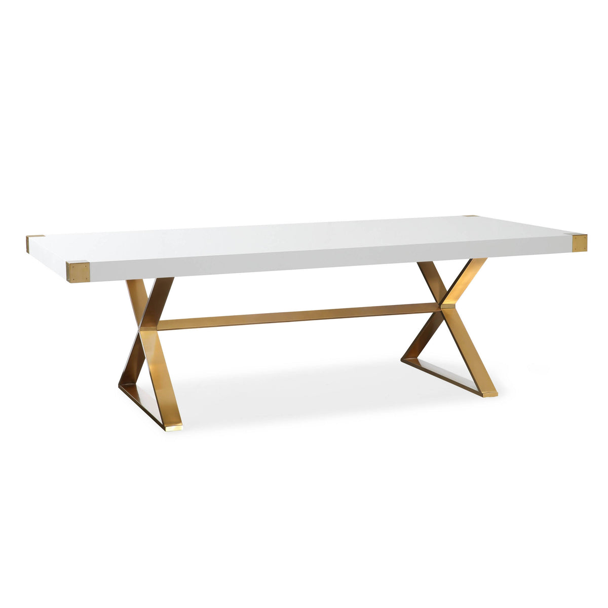 Adeline white lacquer dining table with gold steel corners and brushed gold legs