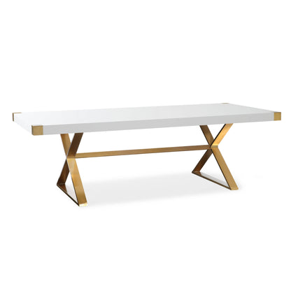 Adeline white lacquer dining table with gold steel corners and brushed gold legs