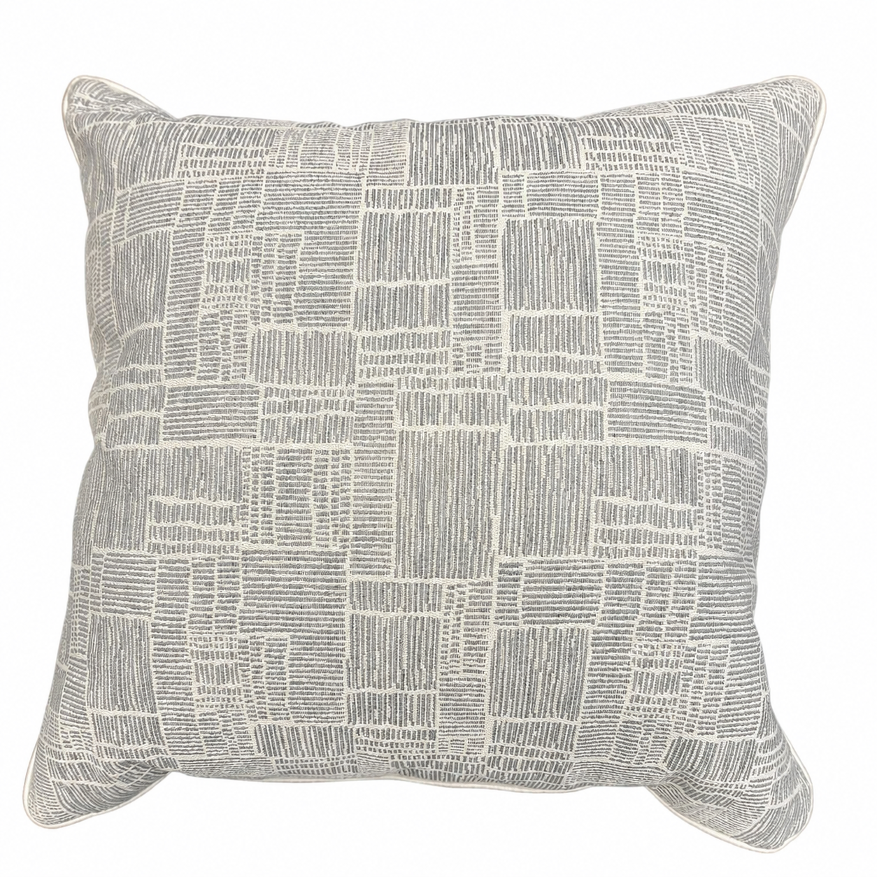 Custom Textured Grey Pair of Pillows, grey and ivory geometric woven front detail