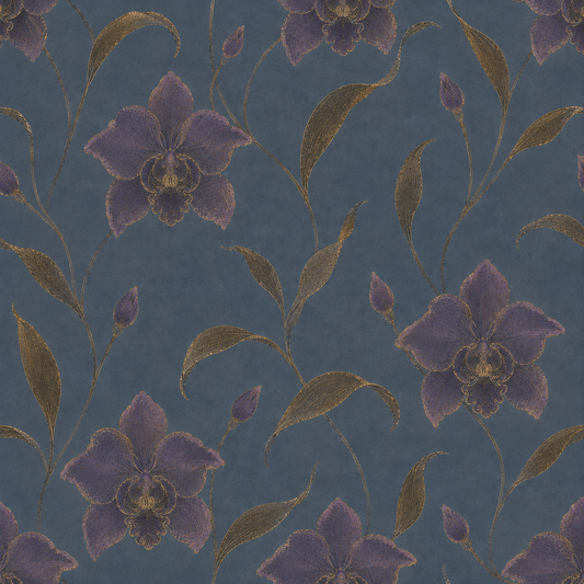 Violet Nocturne fabric pattern with purple orchids and antique gold botanicals on slate blue