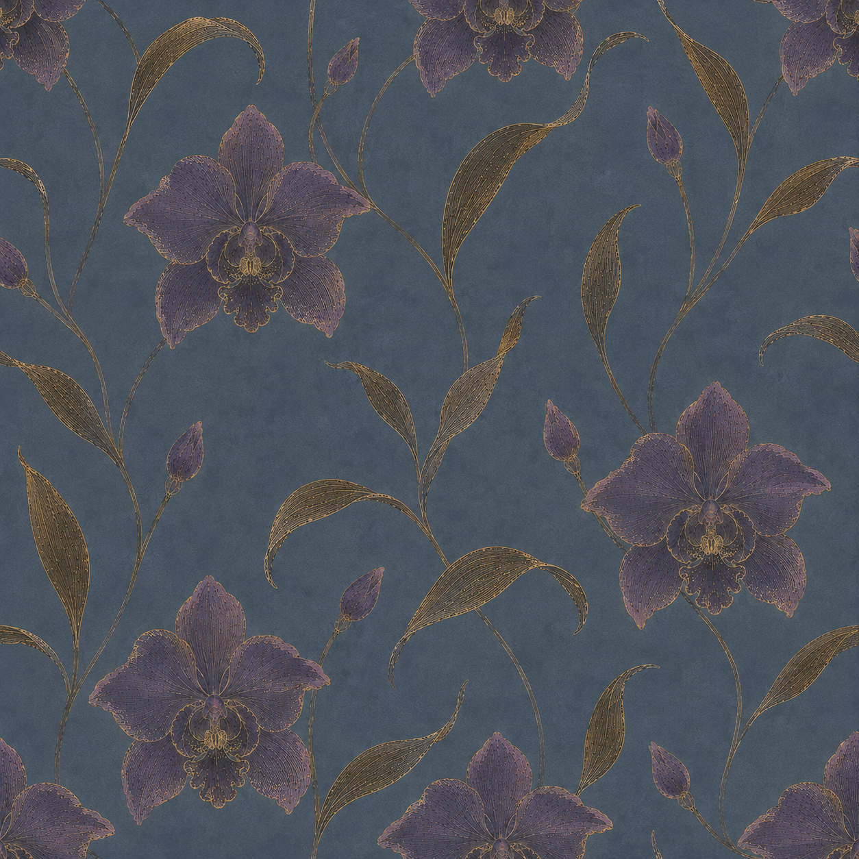Violet Nocturne wallpaper pattern with purple orchids and antique gold botanicals on slate blue